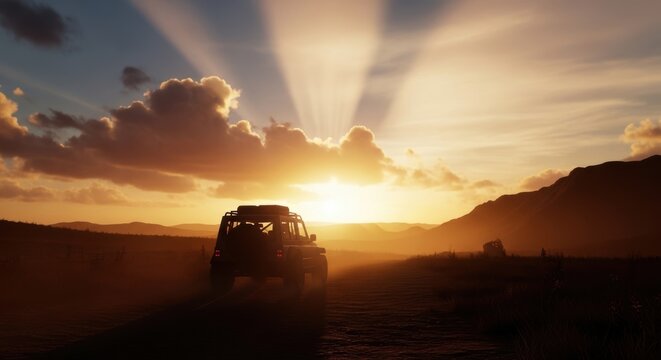 A silhouette of an offroad vehicle driving across a dusty landscape during a beautiful sunset with sun rays breaking through dramatic clouds in the sky