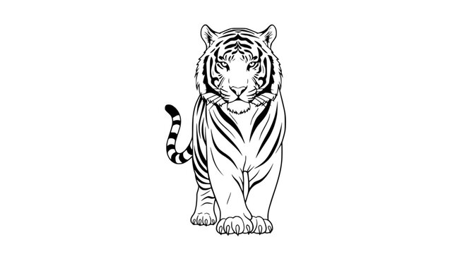 Tiger illustration, front view, black and white, vector art