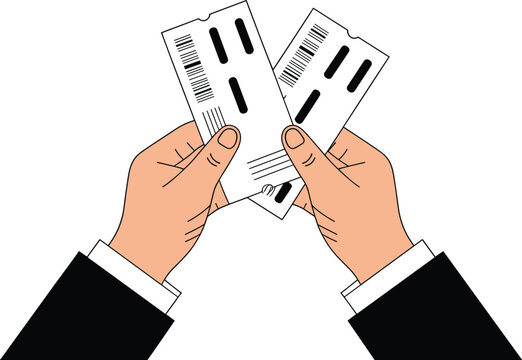 Hands holding tickets illustration, travel boarding passes or event entry passes, booking concept with paper tickets and barcode vector design
