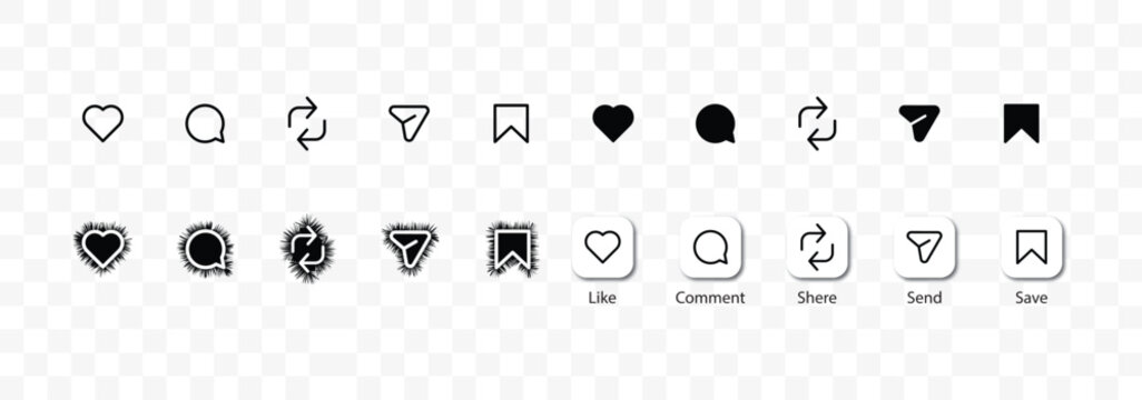 Social Media Icon Set with Outline and Glow Style &ndash; Like, Share, Comment, Save, Send UI Symbols Vector&rdquo;