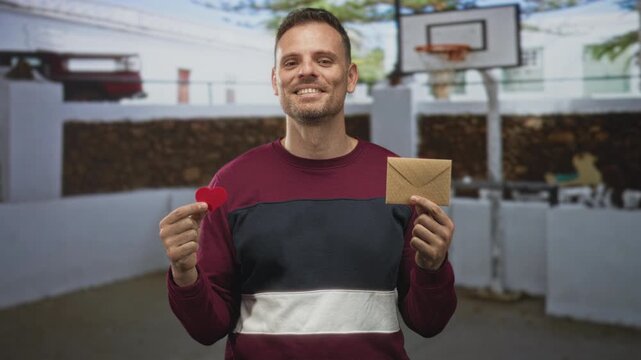Man smiling holds red heart and kraft envelope with hands at building basketball court near hoop; romance hopeful.