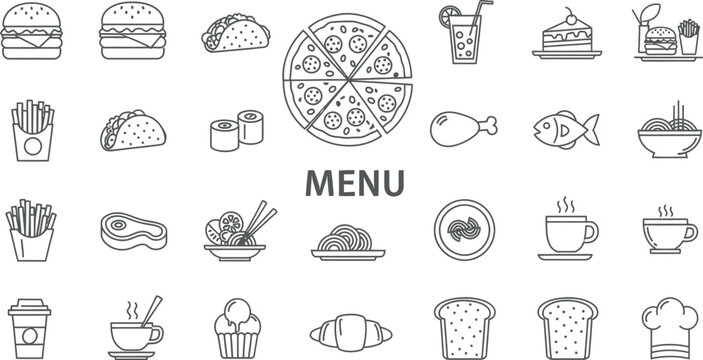 Illustration of Black and white menu icons set including food and drink symbols.