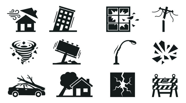  icon set of cyclone impact on structures, including house roof flying off, tilted building, broken window panels, snapped power line pole, debris in wind swirl, collapsing