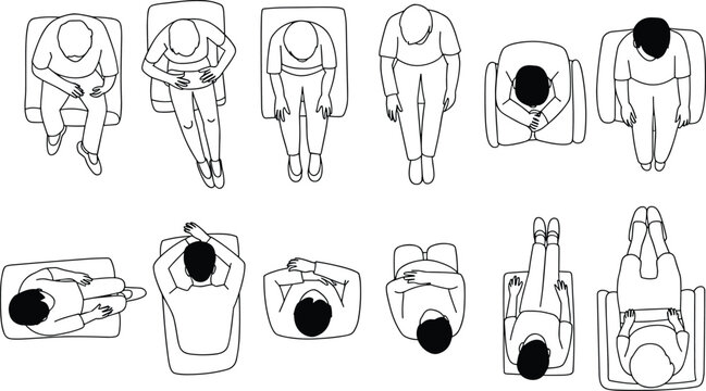 Top view sitting people line art set, overhead male and female seated poses collection, minimal outline human posture vector illustration pack