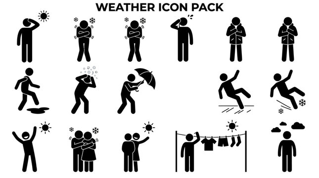 icon set of subtle human reactions to weather, including shielding eyes from sun glare, shivering body pose, wiping sweat, holding jacket closed, stepping around puddle, 