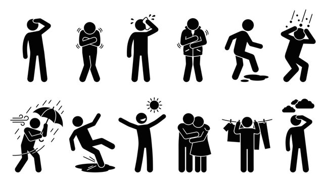 icon set of subtle human reactions to weather, including shielding eyes from sun glare, shivering body pose, wiping sweat, holding jacket closed, stepping around puddle, 
