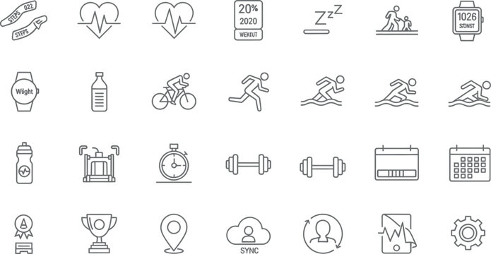 Collection of fitness and sports icons in a vector illustration.