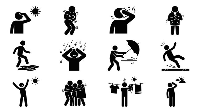 icon set of subtle human reactions to weather, including shielding eyes from sun glare, shivering body pose, wiping sweat, holding jacket closed, stepping around puddle, 