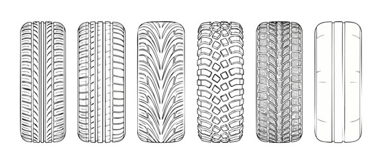Car tire tread patterns set, vector line illustration of various automotive tire types for summer, winter, and off-road vehicles isolated on white background, design icons for transport and auto servi © Dinali