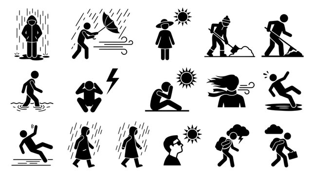 icon set of weather effects on human activities, including person under rain, umbrella in wind, sun hat protection, snow shoveling, flooded street walking, lightning danger pose