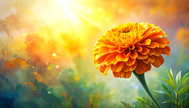 Vibrant orange marigold flower blooming in bright sunlight, soft focus background with watercolor effect, evoking warmth and nature