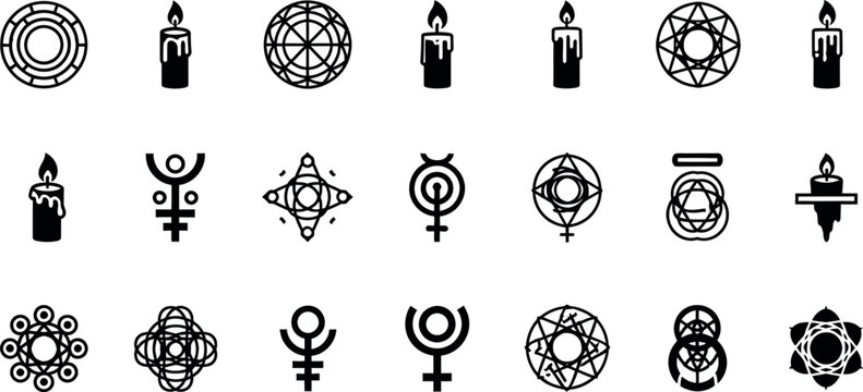 Illustration of Collection of various spiritual and astrological symbols on white background.