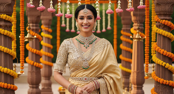 happy young beautiful indian woman wearing traditional sari and jwelery
