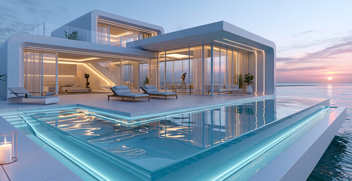 Modern villa by the sea, luxury waterfront house with infinity pool at sunset, panoramic wide banner of contemporary architecture with glass walls and elegant lighting, high-end real estate concept