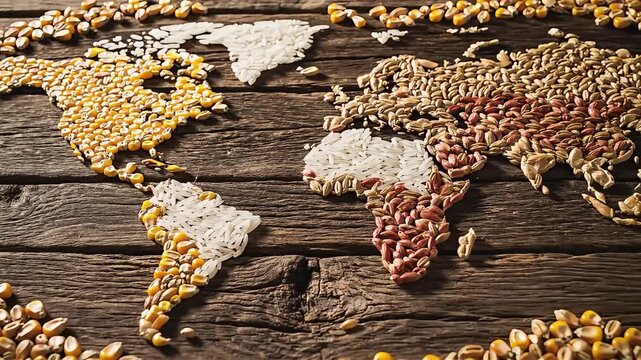 A world map made of various grains on a wooden table with scattered grains around it in a rustic environment.