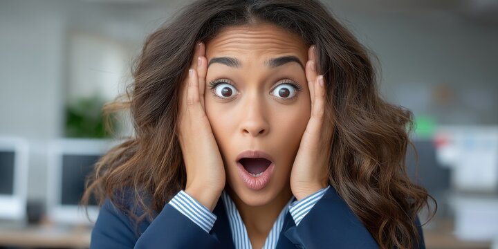 Shocked Businesswoman Expresses Astonishment and Surprise with Hands on Face in Office
