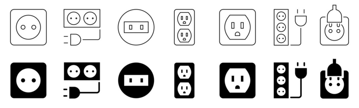 Power socket icon. Electrical outlets. Power socket types. Editable stroke. Vector illustration