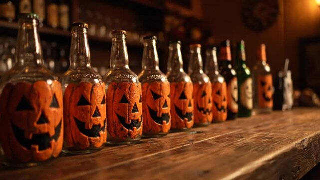 Spooky Halloween Bar Decor: A Line of Beer Bottles Decorated as Jack O'Lanterns on a Rustic Wooden Surface
