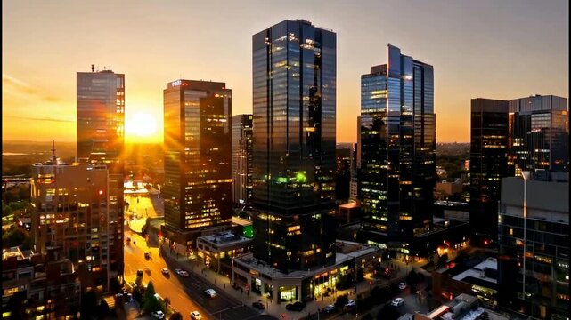 Modern city skyline at sunset