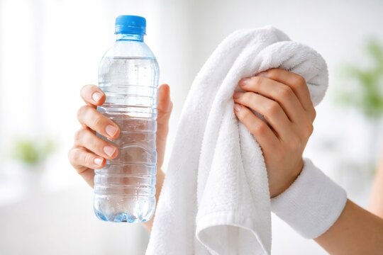 A person holding a water bottle and a white towel, suggesting hydration and refreshment after exercise or physical activity.