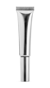 Silver metallic cosmetic tube mockup isolated on white background for premium beauty product packaging design