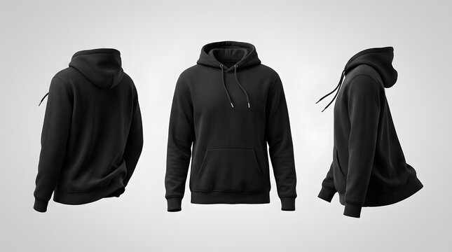 Black hooded sweatshirt displayed in multi-angle views against a minimalist studio backdrop with professional sharp focus for clothing brand marketing