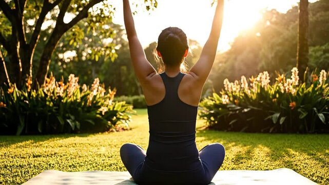 Woman practicing yoga in garden representing diversity, inclusion, and modern society
