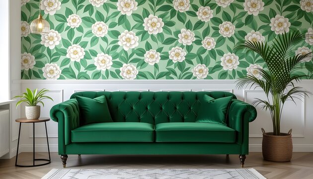 Realistic room with green velvet sofa and floral wallpaper on back wall