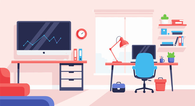 A modern office setup with two desks, computers, and a comfortable seating area
