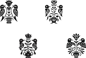 Fototapeta premium Folk art bird and floral ornament set, symmetrical black decorative motifs, traditional ethnic design elements vector illustration