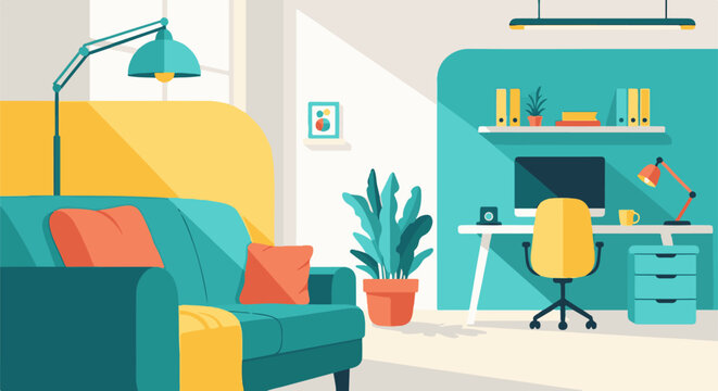 A stylish, minimalist interior featuring a teal sofa with orange pillows and a yellow throw, a desk with a computer, and a floor lamp