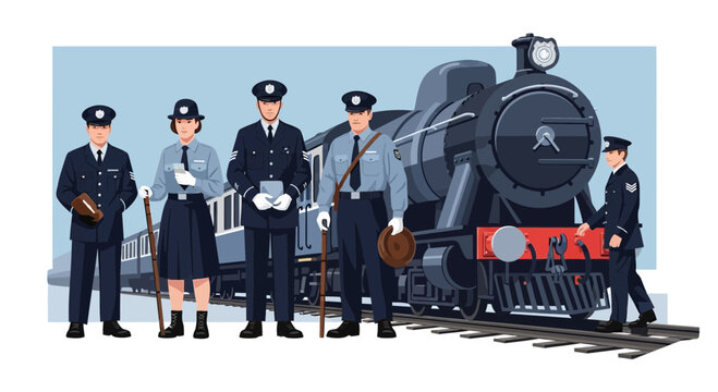 Vintage Train Crew Posed with Steam Locomotive, Retro Railway Uniforms, Nostalgic Transportation
