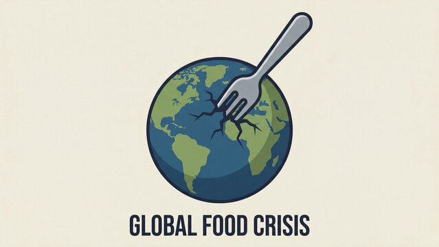 Global food crisis concept illustration with fork stabbing cracked earth globe representing worldwide hunger food insecurity supply chain disruption and agricultural resource depletion