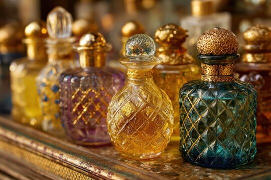 Elegant array of vintage perfume bottles on ornate tray
