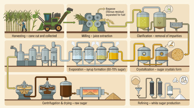 Comprehensive infographic illustrating the step-by-step industrial process of sugar production