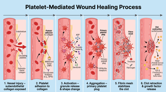 Diagram illustrating the sequential steps of platelet-mediated wound healing process in blood