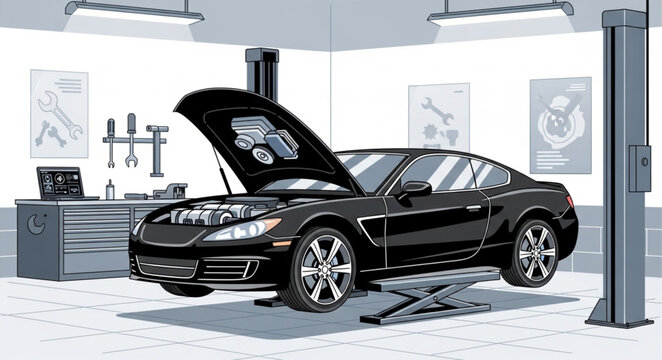 Modern Black Sports Car Inside Garage with Open Hood.
