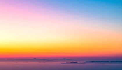 Obraz premium Vibrant sunrise over a misty city skyline, gradient sky from pink to blue, peaceful atmosphere, urban landscape