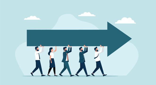 Business people carrying a big arrow, a concept of teamwork, progress, business growth and moving forward together.