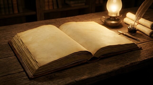 Antique open book with quill pen and inkwell lit by oil lamp old book writing tools parchment knowledge literature education