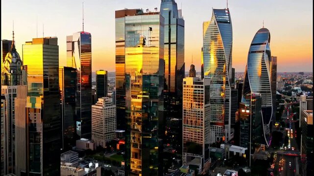 Modern city skyline at sunset