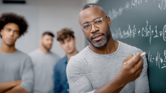 Diverse Professor Teaching Mathematics to Students in a Modern Classroom Setting