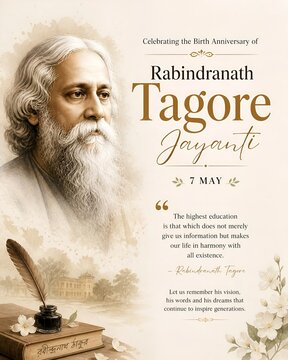Rabindranath tagore jayanti celebration with portrait and calligraphy, festival