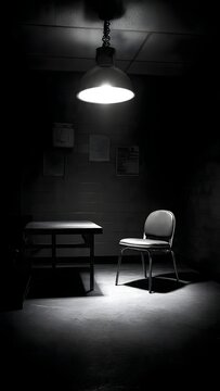 Empty interrogation room with single light and chair black and white dimly lit no people interrogation darkness suspense