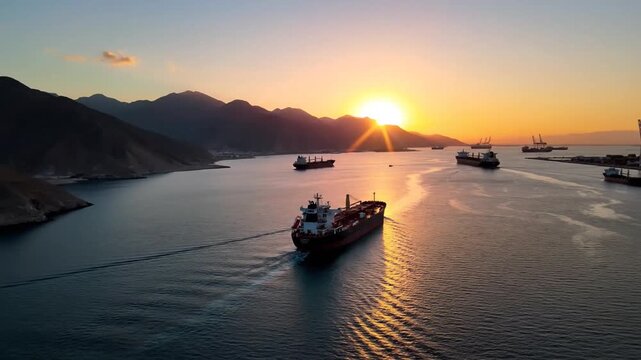 Aerial view of a drone soaring above the tranquil Strait of Hormuz near Musandam Oman, featuring rugged desert peaks and a glowing sunset over a vital international maritime trade passage.