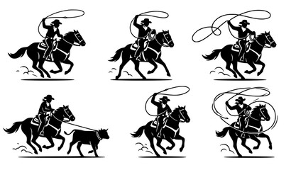 Fototapeta premium Western cowboy roping horse silhouettes dynamic rodeo vector set