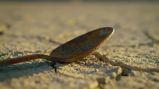 A small lizard walks on cracked dry earth in a desert landscape at sunset.