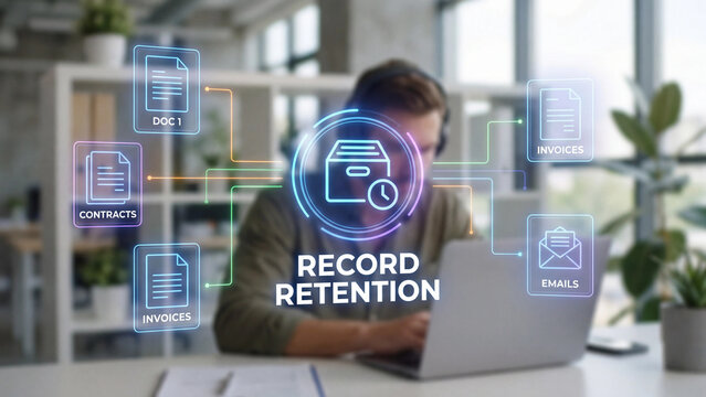 Corporate record retention management system for organizing contracts invoices emails and documents with timed digital archiving for regulatory compliance and business data governance