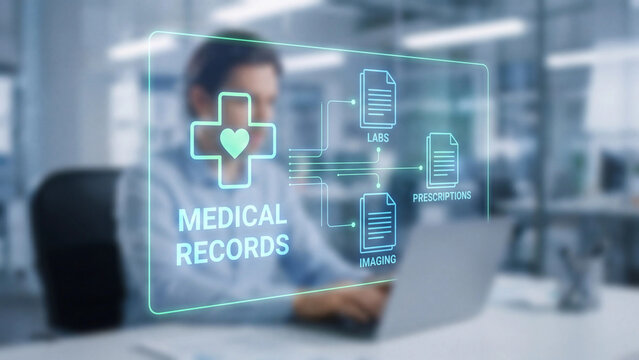 Digital medical records management holographic system organizing patient labs prescriptions and imaging data for secure healthcare information access and clinical documentation workflow efficiency