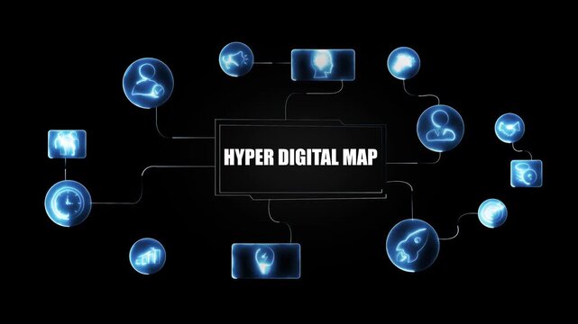 Hyper digital map infographic interface with glowing network connection nodes and futuristic data for corporate business strategy, global communication, and advanced